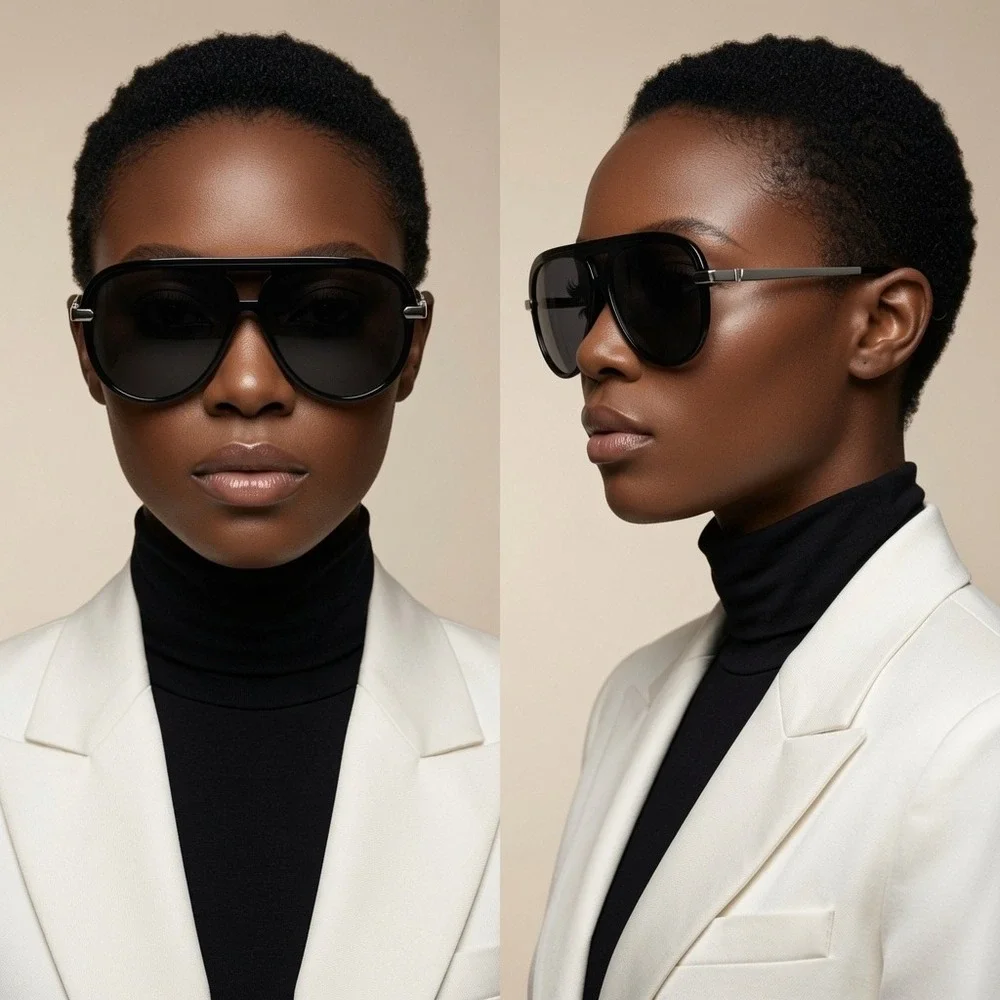 Navigator sunglasses feature a bold flat-top silhouette dark smoke-tinted lenses
